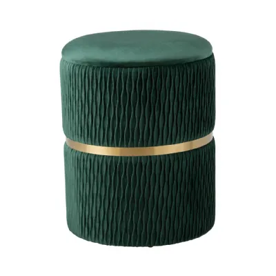 Green Patterned Velvet And Gold Round Storage Stool