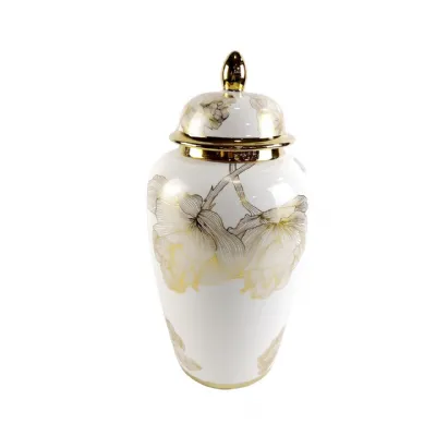 41cm White And Gold Flower Design Ginger Jar