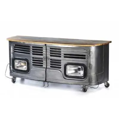 Upcycled Truck Grill Front TV Unit With Wooden Top and Headlight Lamps