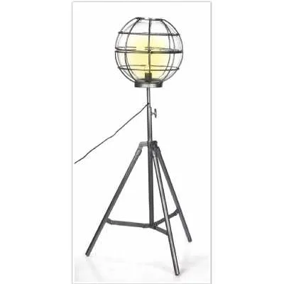 Upcycled Lighting And Furniture Yellow Bulb Floor Lamp With Round Cage And Metallic Tripod Stand 130cm Tall