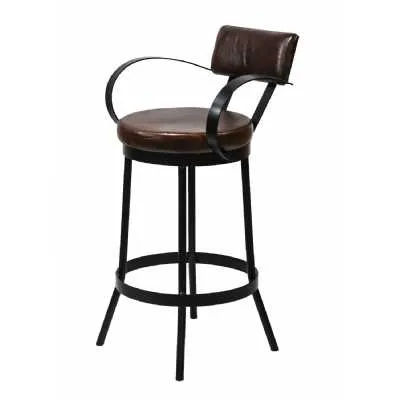 Upcycled Lighting And Furniture Industrial Padded Leather Bar Stool With Back And Curved Armre