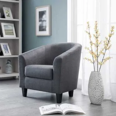 Modern Slate Grey Linen Fabric Upholstery Compact Occasional Tub Chair