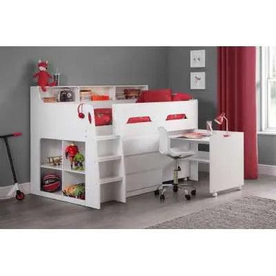 White Mid Sleeper Kids Cabin Bunk Bed Pull Out Desk and 3 Drawers Shelves