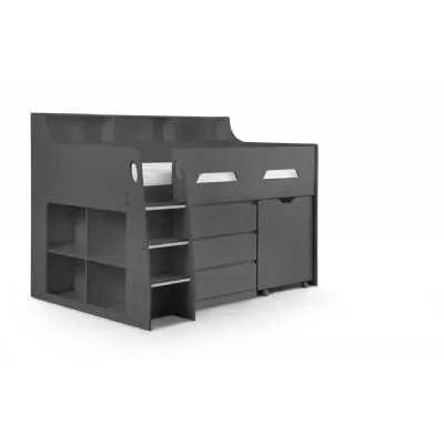 Dark Grey Mid Sleeper Kids Cabin Bunk Bed Pull Out Desk and 3 Drawers Shelves