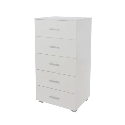 White Wood Tall Narrow Chest of 5 Drawers High Gloss Finish
