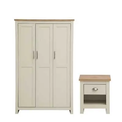 Cream 2 Piece Bedroom Set with Oak Effect Tops 3 Door Wardrobe 1 Drawer Bedside