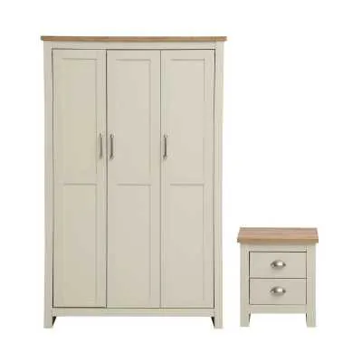 Cream Wooden Oak Top 2 Piece Bedroom Set 3 Door Wardrobe and 2 Drawer Bedside