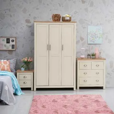Cream Oak Top 3 Piece Bedroom Set (3 Door Wardrobe, 2+2 Chest, 2 Drawer Bedside)