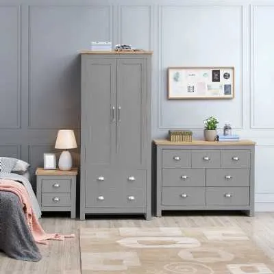 Light Grey Oak Top 3 Piece Bedroom Set 2 Door Wardrobe + 3 Over 4 Chest + 2 Drawer Bedside