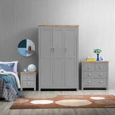 Light Grey Oak Tops 3 Piece Bedroom Set (3 Door Wardrobe, 2+2 Chest, 2 Drawer Bedside)