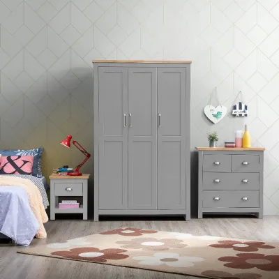 Light Grey Oak Top 3 Piece Bedroom Set (3 Door Wardrobe, 2+2 Chest, 1 Drawer Bedside)