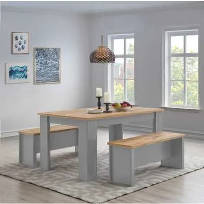 Light Grey Oak Top 150cm Fixed Kitchen Dining Room Table With 2 Benches Set