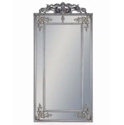 Tall Antique Silver Wall Mirror with Crest Detailing