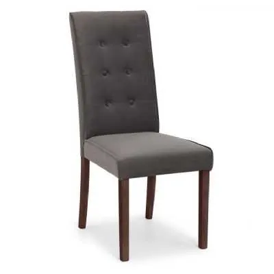 Grey Velvet Fabric Buttoned Dining Chair Dark Wood Legs