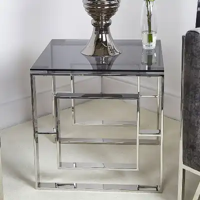 Square Stainless Steel Side Table Smoked Glass Top