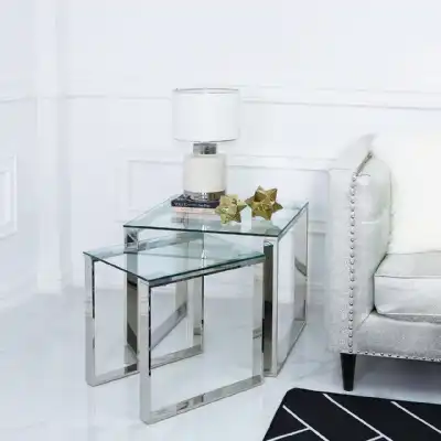 Chrome Stainless Steel Clear Glass Nest of 2 Tables