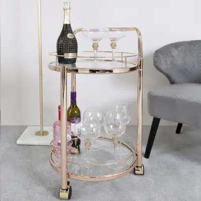 Rose Gold Metal Clear Glass 2 Tier Drinks Trolley