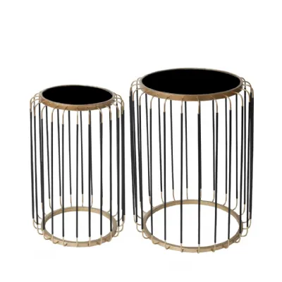 Set Of 2 Black And Gold Metal With Black Mirror Top Nesting Tables