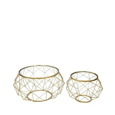 Set Of 2 Gold Metal Mesh Coffee Table With Glass Top