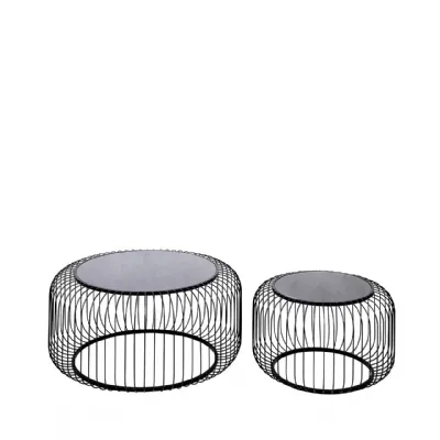 Set Of 2 Black Metal With Black Glass Top Coffee Table