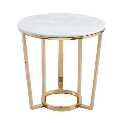 60cm Round Gold With White Faux Marble Top End Table