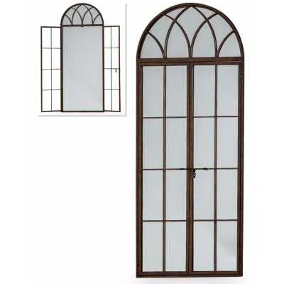 Large Antiqued Metal Window Wall Mirror