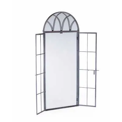 Grey Metal Tall Arched Opening Window Wall Mirror