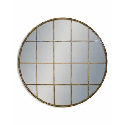 Large Antiqued Gold Round Metal Window Wall Mirror