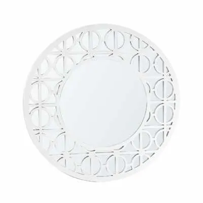 Large Geometric Patterned White Wood Round Wall Mirror