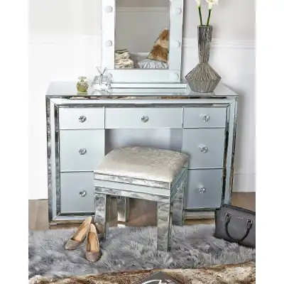 Large Grey Mirrored Glass Dressing Table with 7 Drawers