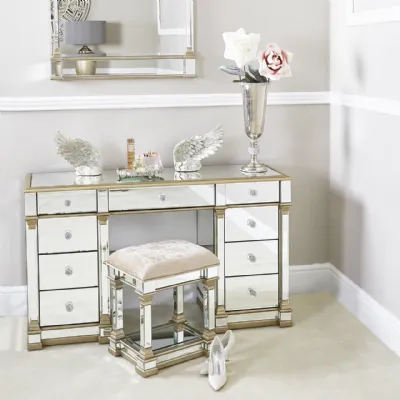 Large Champagne Gold Mirrored Glass 9 Drawer Dressing Table