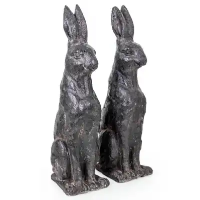 Pair Of Large Rustic Distressed Black Rabbit Figures