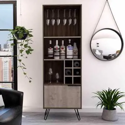 180cm Tall Narrow Drinks Cabinet Smoked Oak and Bleached Effect 2 Doors