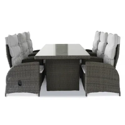 Grey Rattan 2M Dining Table, 6 Recliner Chairs