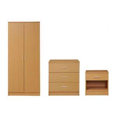 Traditional Beech Finish Wooden 3 Piece Bedroom Set With Chrome Metal Handles