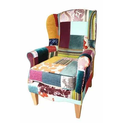 Patchwork Linen Upright Winged Armchair with Optional Stool