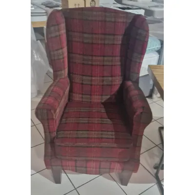 Red Tartan Winged Armchair with Optional Stool