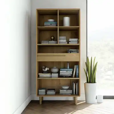 Nordic Scandic Oak Large Tall Open Bookcase With 1 Drawer on Legs
