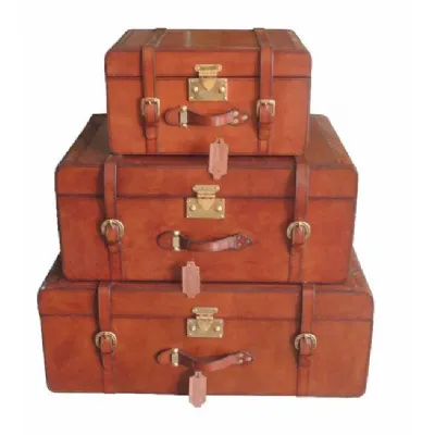 Handcrafted Leather And Brass Weave Set of 3 Trunks