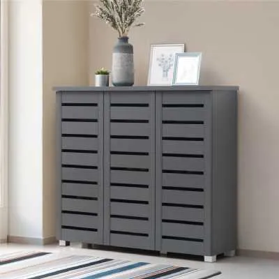 Dark Grey 3 Door Shoe Storage Cabinet Rack with 4 Shelves Panelling Fronts