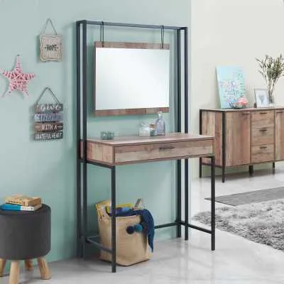 Distressed Oak Wood and Metal Dressing Table with Mirror Set