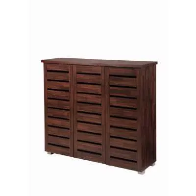 Modern Style Dark Wood Finish 3 Door 4 Shelf Slatted Shoe Cabinet 93.8 x 114cm