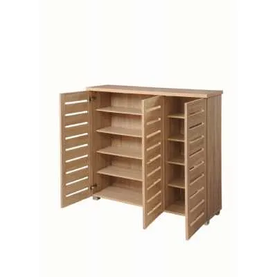 Large Oak Wood 3 Door Shoe Rack Storage Cupboard 4 Shelves 115cm Wide