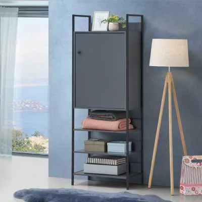 Industrial Style Distressed Dark Grey Wooden 1 Door 3 Shelf Storage Cabinet 180 x 63.8cm
