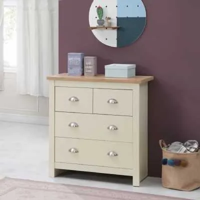 Cream Wooden Chest Of 4 Drawers 2 Over 2 with Oak Effect Top