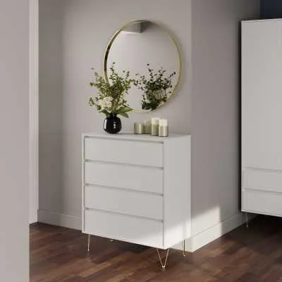 Modern White Chest of 4 Drawers Metal Gold Finish Hairpin Legs