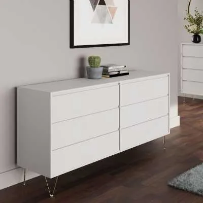 White Midi Chest of 6 Drawers Modern Design with Hairpin Legs