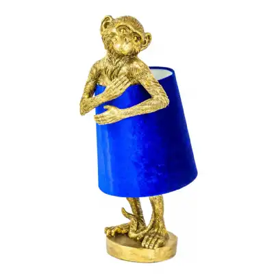 Gold Monkey Table Lamp with Blue Velvet Shade