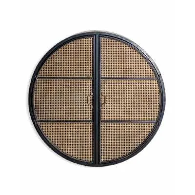 Black Large Round Wall Cabinet with Metal Rattan Doors