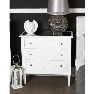 White Painted 3 Drawer Bedside Cabinet Mirrored Top